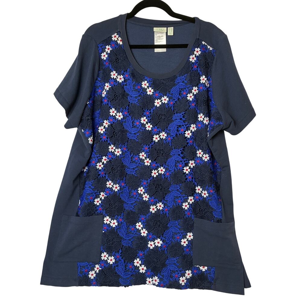 Logo Lounge by Lori Goldstein Crochet Tunic Top Womens 2X Blue Pockets Floral